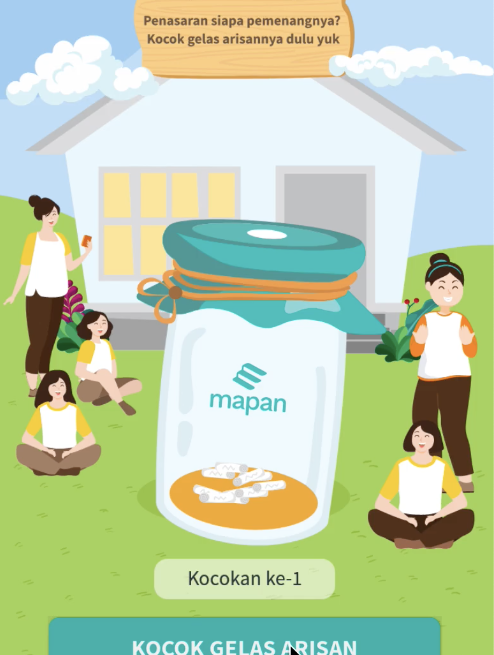 The Mapan arisan winner draw in the app: an illustrated savings jar about to be shaken to pick the round's winner