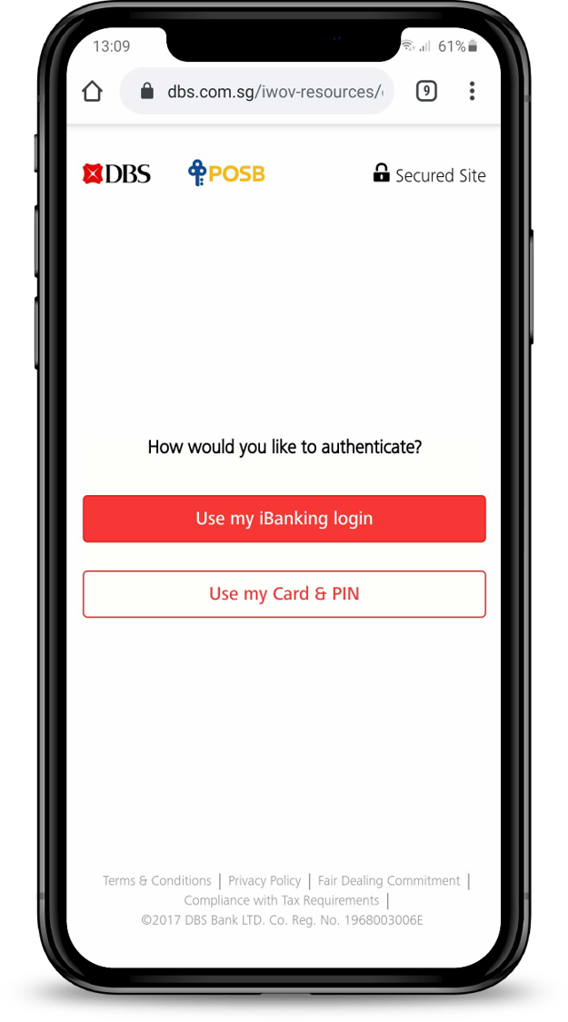 DBS's secured-site login choice, iBanking login or Card and PIN, the authentication decision behind the chatbot's data access