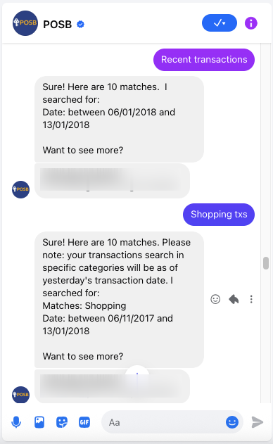 The POSB digibank chatbot in my own Facebook Messenger history, answering a transaction search
