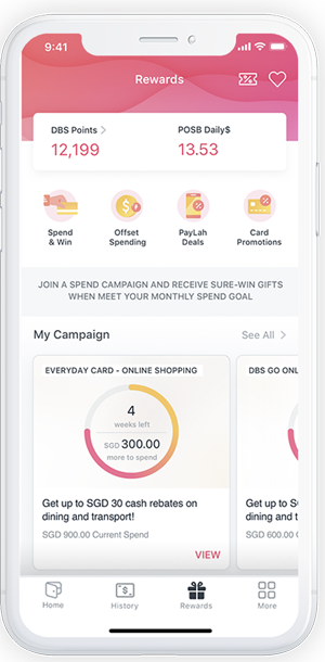 DBS rewards app today showing points and an offset-spending option