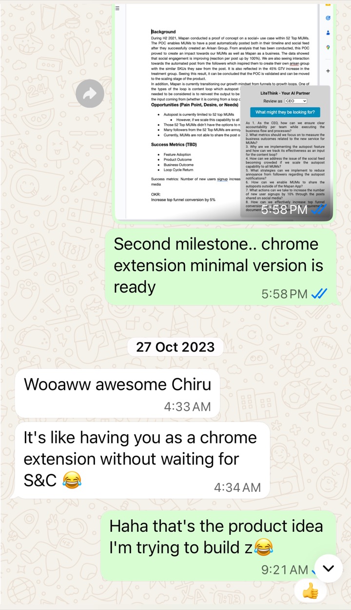 A WhatsApp reaction from a former teammate: it’s like having you as a chrome extension