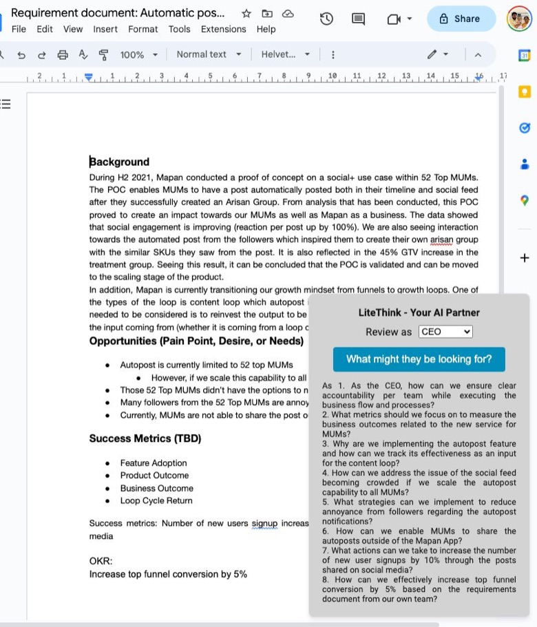 The first LiteThink Chrome extension open over a requirements document, generating the questions a CEO would ask