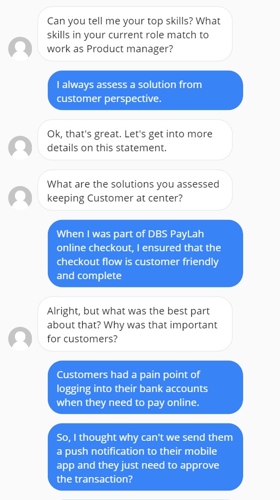 A May 2020 resume-buddy prototype, pushing past a generic self-assessment until it surfaces the real pain point and the push-notification idea